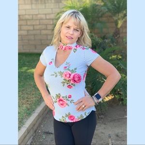 Short Sleeve Blue Stripe Floral Fitted Top